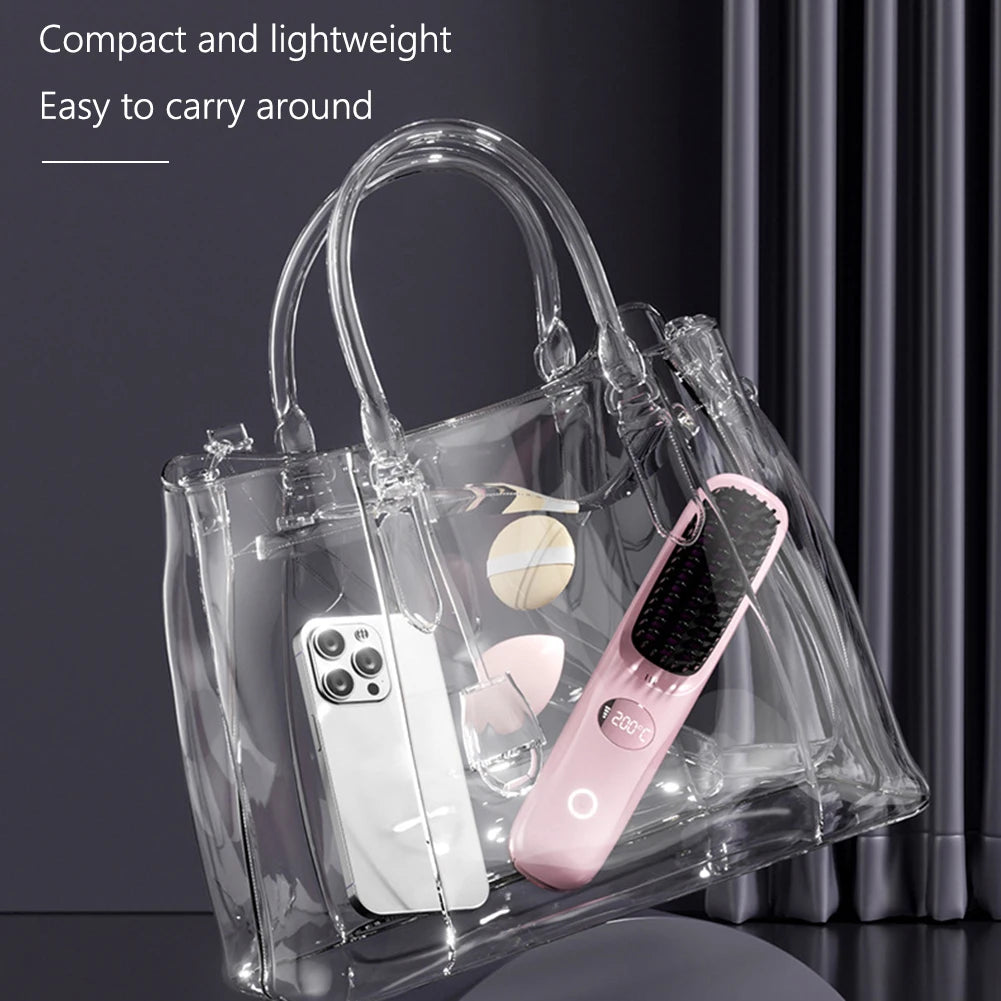 USB rechargeable LCD portable straight hair brush, wireless electric anti scald hot comb straightener, negative ion styling tool