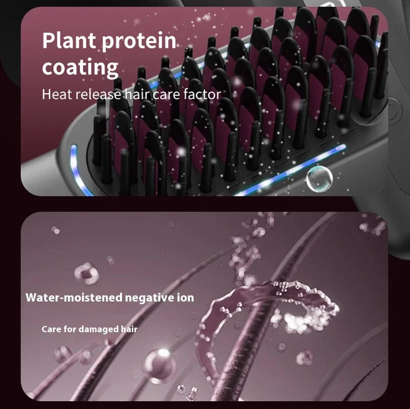 Peigne chauffant lissant/bouclant sans fil, rechargeable, anti-brûlure, avec technologie ionique