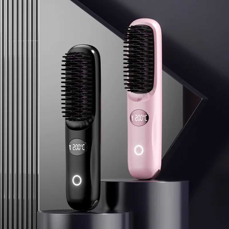 USB rechargeable LCD portable straight hair brush, wireless electric anti scald hot comb straightener, negative ion styling tool