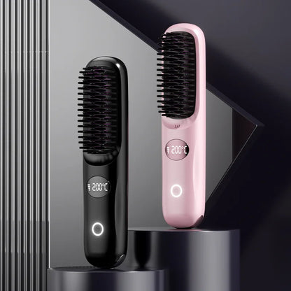 USB rechargeable LCD portable straight hair brush, wireless electric anti scald hot comb straightener, negative ion styling tool