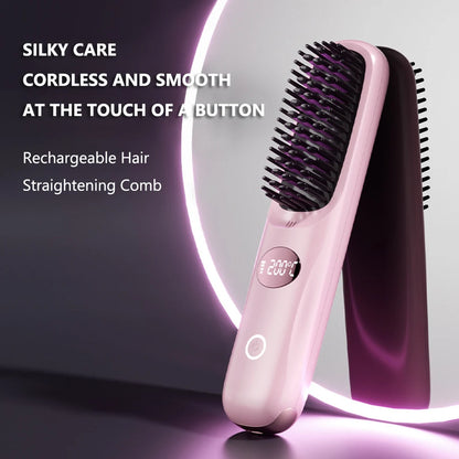USB rechargeable LCD portable straight hair brush, wireless electric anti scald hot comb straightener, negative ion styling tool