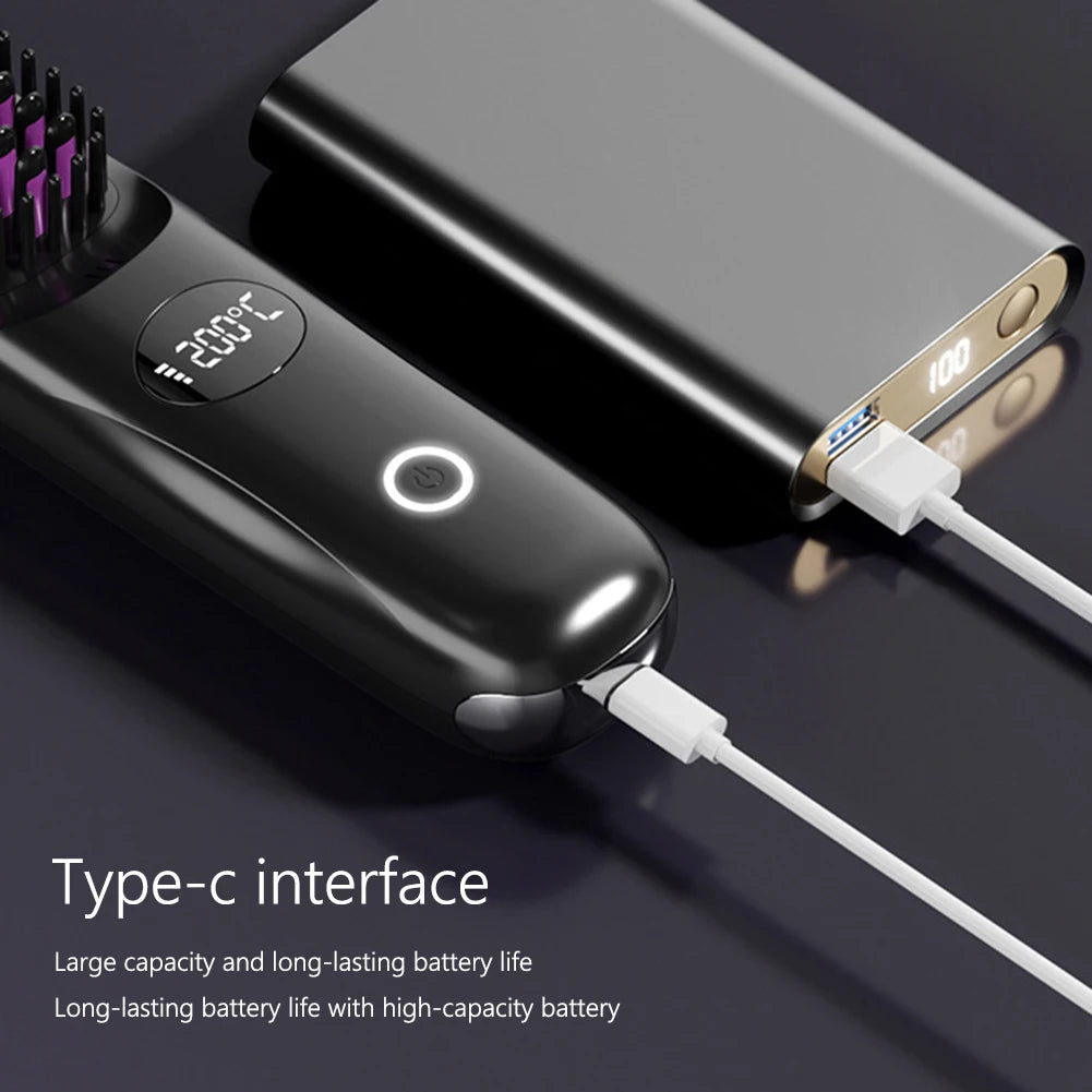 USB rechargeable LCD portable straight hair brush, wireless electric anti scald hot comb straightener, negative ion styling tool
