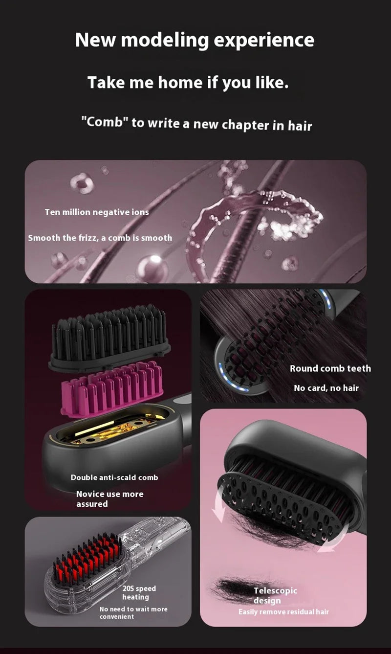 Peigne chauffant lissant/bouclant sans fil, rechargeable, anti-brûlure, avec technologie ionique