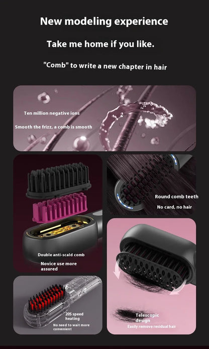 Peigne chauffant lissant/bouclant sans fil, rechargeable, anti-brûlure, avec technologie ionique