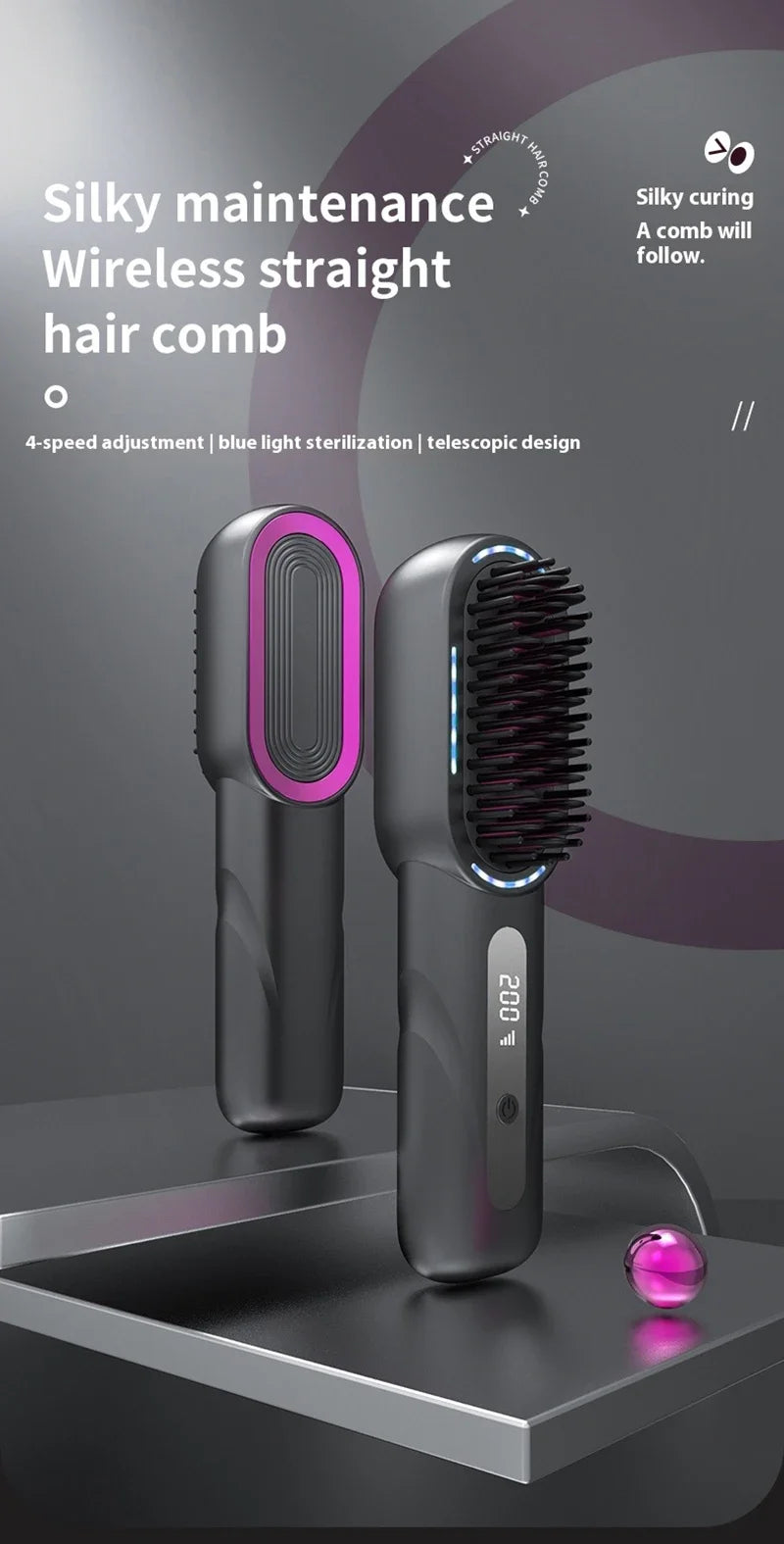 Peigne chauffant lissant/bouclant sans fil, rechargeable, anti-brûlure, avec technologie ionique