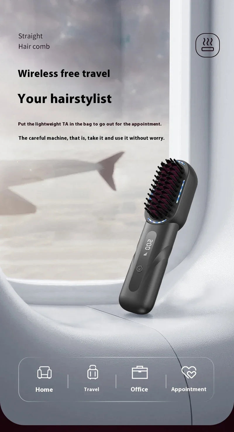 Peigne chauffant lissant/bouclant sans fil, rechargeable, anti-brûlure, avec technologie ionique