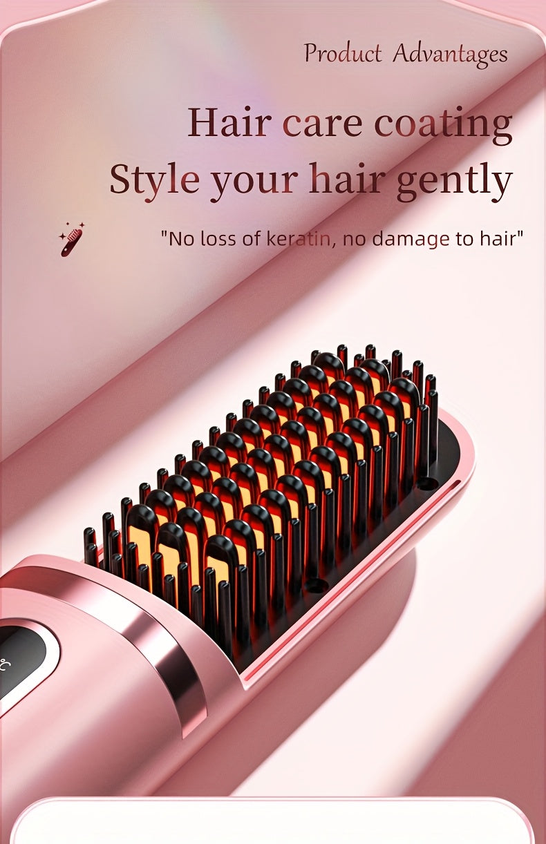 Portable Cordless Hair Straightener Comb - Negative Ion Technology, 30W Fast Hair Straightening, Rechargeable USB-Powered Mini Styling Tool for Dorm, Travel & Home Use (Pink), Sleek Handle Design, Ergonomic Grip, Protective C