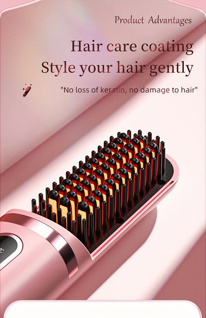 Portable Cordless Hair Straightener Comb - Negative Ion Technology, 30W Fast Hair Straightening, Rechargeable USB-Powered Mini Styling Tool for Dorm, Travel & Home Use (Pink), Sleek Handle Design, Ergonomic Grip, Protective C