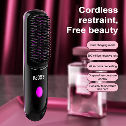 Portable Wireless Straightening Brush Type-C Quick Charge & Seat Charge Double Charging LCD Screen Display Constant Temperature Portable Styling Tool 2600/3200mAh Lithium Batter