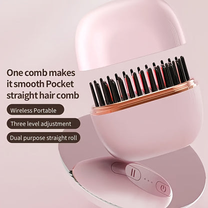 Compact Wireless Straightening Comb - Portable USB Charging Travel Essential, 3-Temperature Control, Copper Heating Plates for Smooth Styling, Portable Hair Styler | Fashionable Modern Design | Mini Hair Straightener