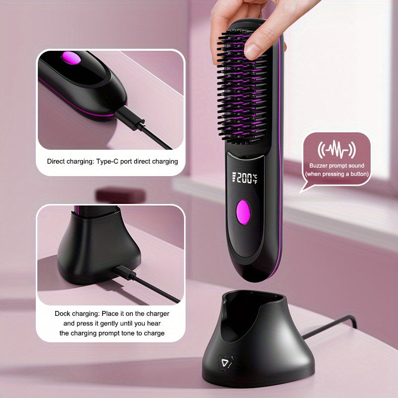 Portable Wireless Straightening Brush Type-C Quick Charge & Seat Charge Double Charging LCD Screen Display Constant Temperature Portable Styling Tool 2600/3200mAh Lithium Batter