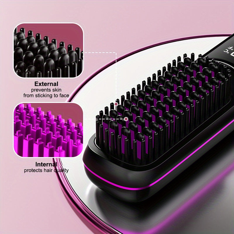 Portable Wireless Straightening Brush Type-C Quick Charge & Seat Charge Double Charging LCD Screen Display Constant Temperature Portable Styling Tool 2600/3200mAh Lithium Batter