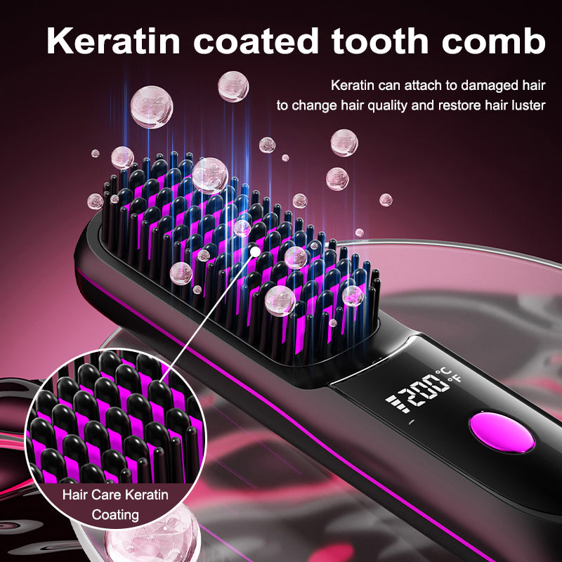 Portable Wireless Straightening Brush Type-C Quick Charge & Seat Charge Double Charging LCD Screen Display Constant Temperature Portable Styling Tool 2600/3200mAh Lithium Batter