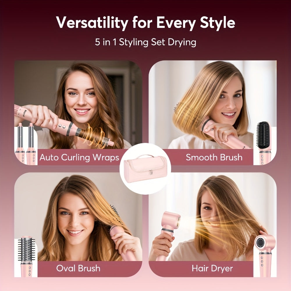 Sèche-cheveux brosse 5-en-1 avec embouts pour lisser, boucler et sécher, moteur haute vitesse, technologie ionique, avec sac rose