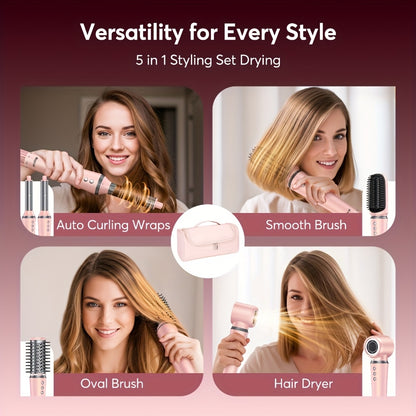 Sèche-cheveux brosse 5-en-1 avec embouts pour lisser, boucler et sécher, moteur haute vitesse, technologie ionique, avec sac rose