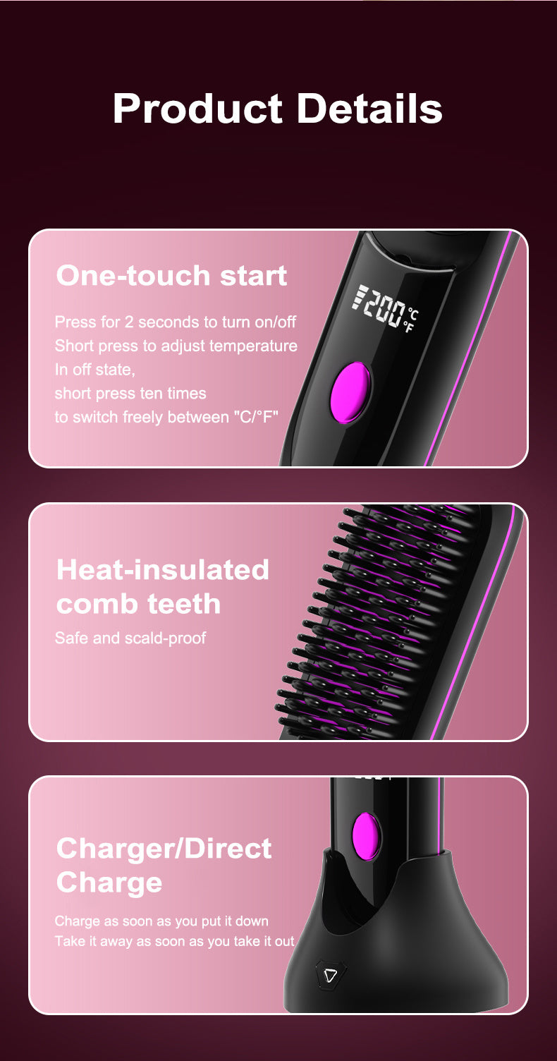 Portable Wireless Straightening Brush Type-C Quick Charge & Seat Charge Double Charging LCD Screen Display Constant Temperature Portable Styling Tool 2600/3200mAh Lithium Batter