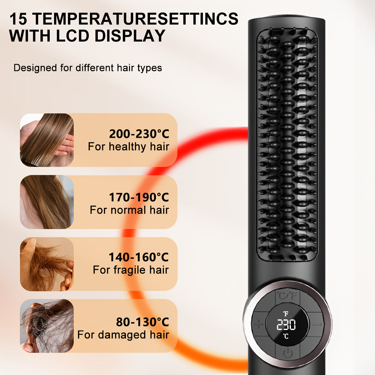 Brosse lissante 2-en-1 avec 15 réglages de chaleur, chauffe en 30s, écran LCD et double voltage, qualité salon