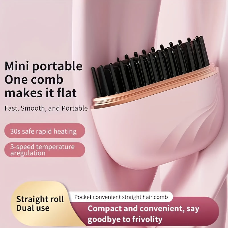 Compact Wireless Straightening Comb - Portable USB Charging Travel Essential, 3-Temperature Control, Copper Heating Plates for Smooth Styling, Portable Hair Styler | Fashionable Modern Design | Mini Hair Straightener