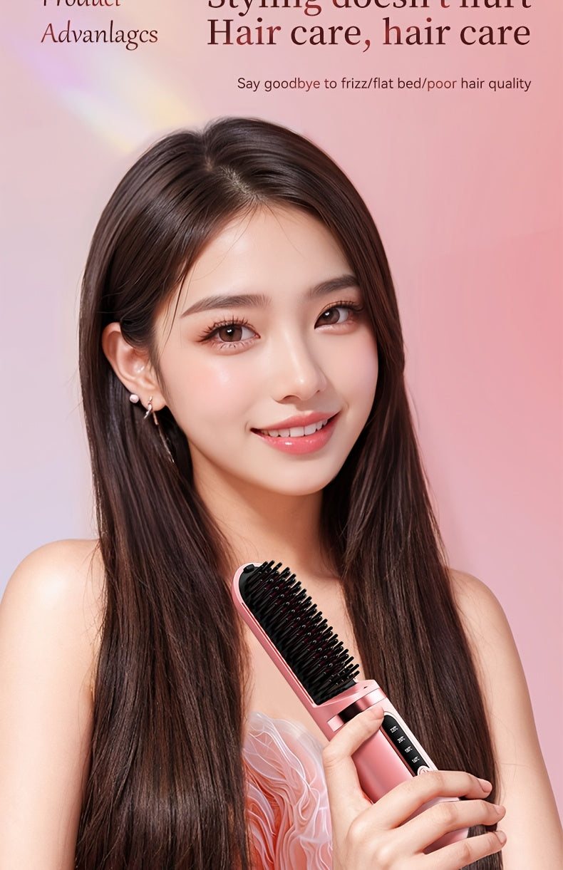 Portable Cordless Hair Straightener Comb - Negative Ion Technology, 30W Fast Hair Straightening, Rechargeable USB-Powered Mini Styling Tool for Dorm, Travel & Home Use (Pink), Sleek Handle Design, Ergonomic Grip, Protective C