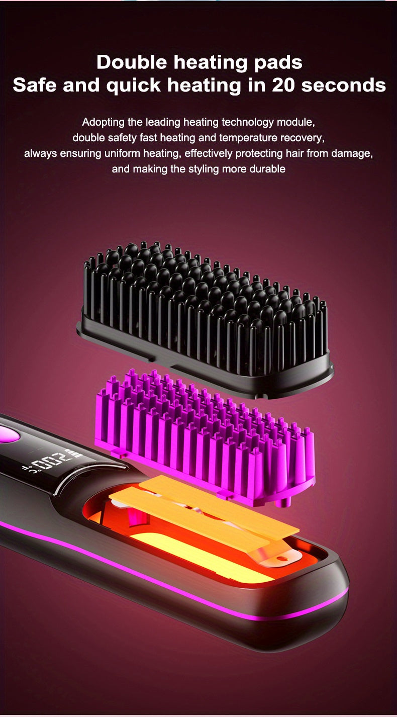 Portable Wireless Straightening Brush Type-C Quick Charge & Seat Charge Double Charging LCD Screen Display Constant Temperature Portable Styling Tool 2600/3200mAh Lithium Batter