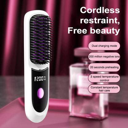 Portable Wireless Straightening Brush Type-C Quick Charge & Seat Charge Double Charging LCD Screen Display Constant Temperature Portable Styling Tool 2600/3200mAh Lithium Batter