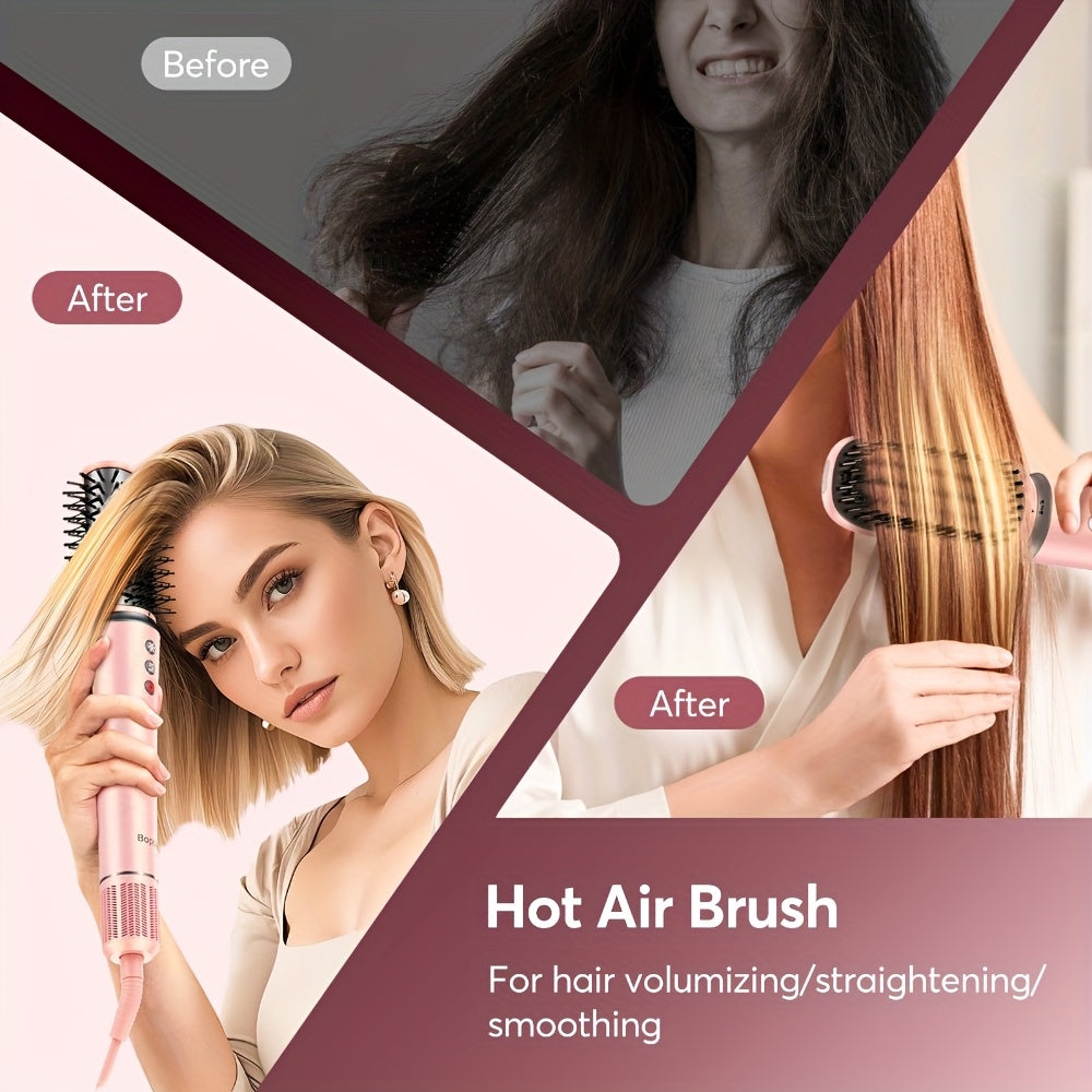 Sèche-cheveux brosse 5-en-1 avec embouts pour lisser, boucler et sécher, moteur haute vitesse, technologie ionique, avec sac rose