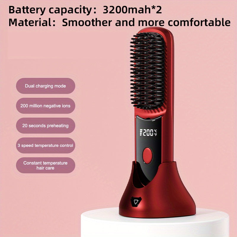 Portable Wireless Straightening Brush Type-C Quick Charge & Seat Charge Double Charging LCD Screen Display Constant Temperature Portable Styling Tool 2600/3200mAh Lithium Batter
