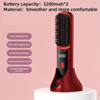 Portable Wireless Straightening Brush Type-C Quick Charge & Seat Charge Double Charging LCD Screen Display Constant Temperature Portable Styling Tool 2600/3200mAh Lithium Batter