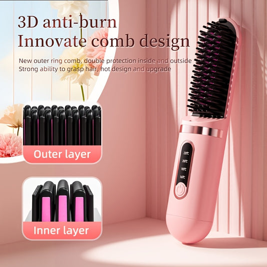Portable Cordless Hair Straightener Comb - Negative Ion Technology, 30W Fast Hair Straightening, Rechargeable USB-Powered Mini Styling Tool for Dorm, Travel & Home Use (Pink), Sleek Handle Design, Ergonomic Grip, Protective C