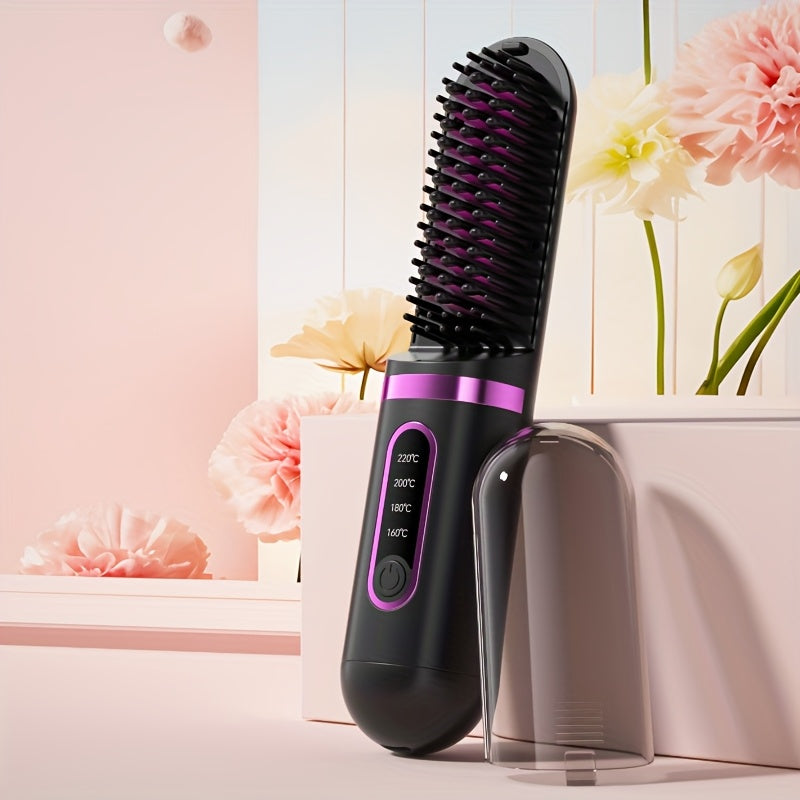 Portable Cordless Hair Straightener Comb - Negative Ion Technology, 30W Fast Hair Straightening, Rechargeable USB-Powered Mini Styling Tool for Dorm, Travel & Home Use (Pink), Sleek Handle Design, Ergonomic Grip, Protective C