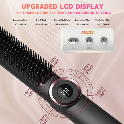 Brosse lissante 2-en-1 avec 15 réglages de chaleur, chauffe en 30s, écran LCD et double voltage, qualité salon