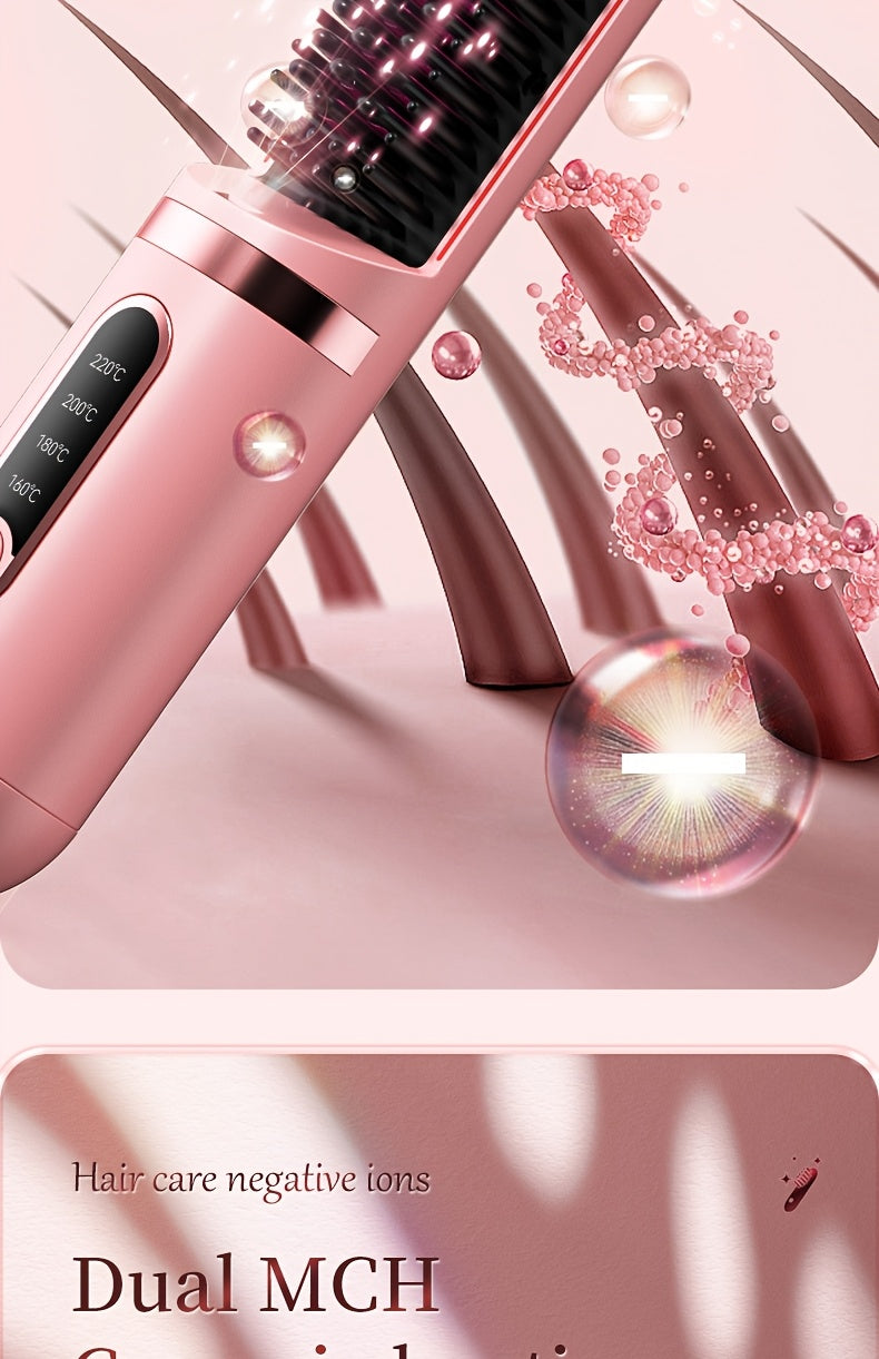 Portable Cordless Hair Straightener Comb - Negative Ion Technology, 30W Fast Hair Straightening, Rechargeable USB-Powered Mini Styling Tool for Dorm, Travel & Home Use (Pink), Sleek Handle Design, Ergonomic Grip, Protective C