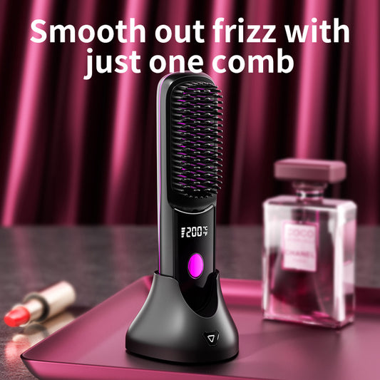 Portable Wireless Straightening Brush Type-C Quick Charge & Seat Charge Double Charging LCD Screen Display Constant Temperature Portable Styling Tool 2600/3200mAh Lithium Batter